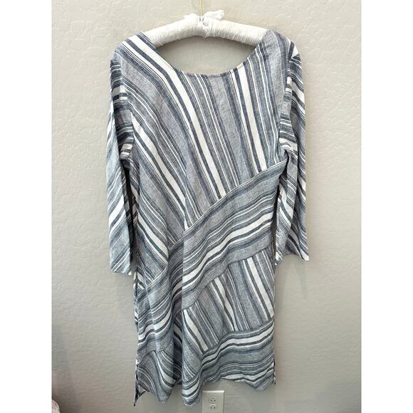 SOFT SURROUNDINGS Linen Blend Dress Blue White Striped Asymmetrical | Large - Picture 5 of 7